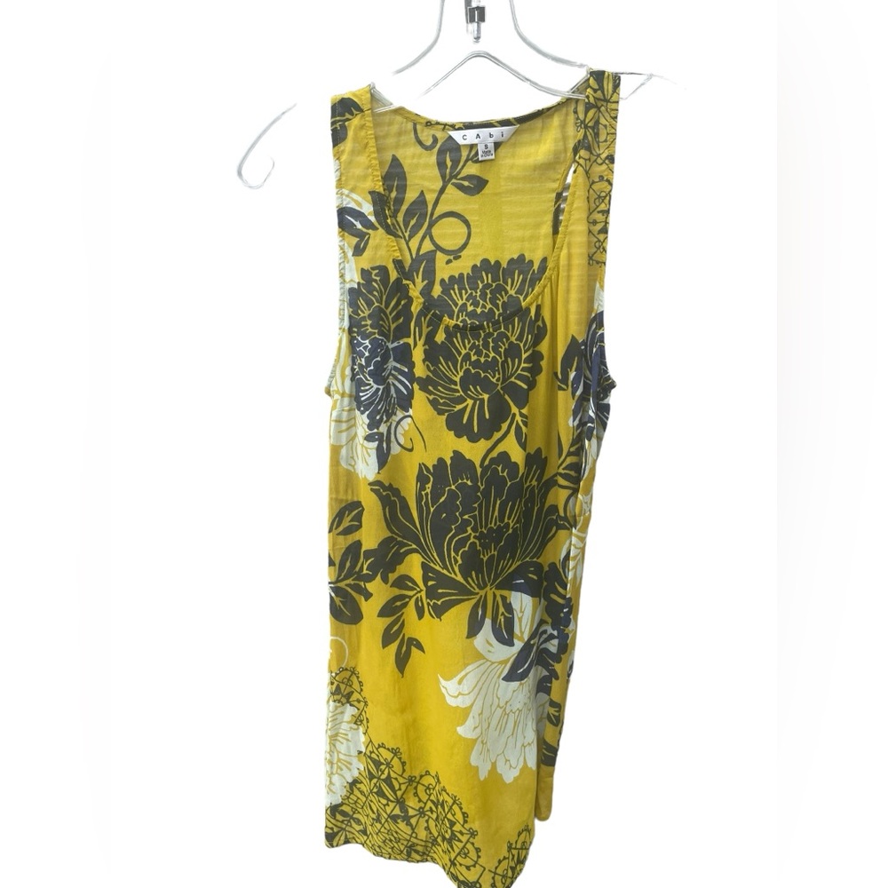 Cabi Mustard Yellow Navy White Floral‎ Print Sleeveless Sheer Shirt